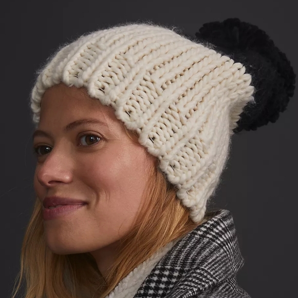 Anthropologie Colorblock Pommed Beanie- ivory/black main image 6